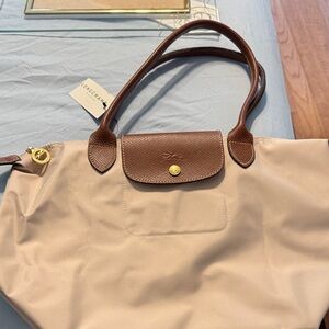 Longchamp Beige Tote with Brown Leather Trim and Gold Hardware